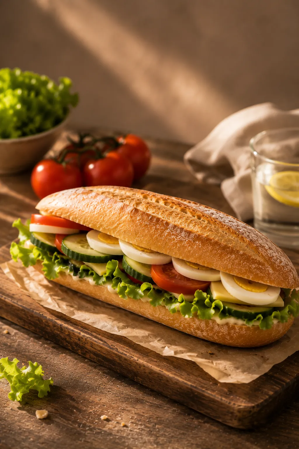 Broodje gezond met kaas, ei, komkommer, tomaat en sla op stokbrood