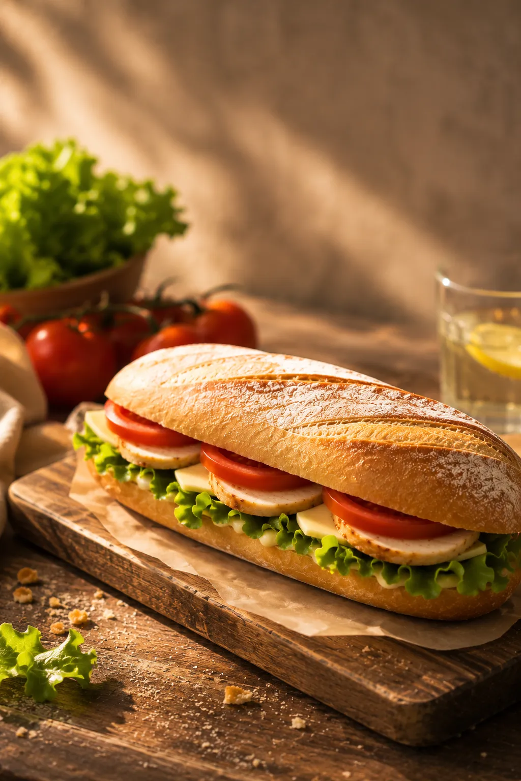 Broodje Chapeau met gegrilde kip, bacon, ui en pestomayo op stokbrood