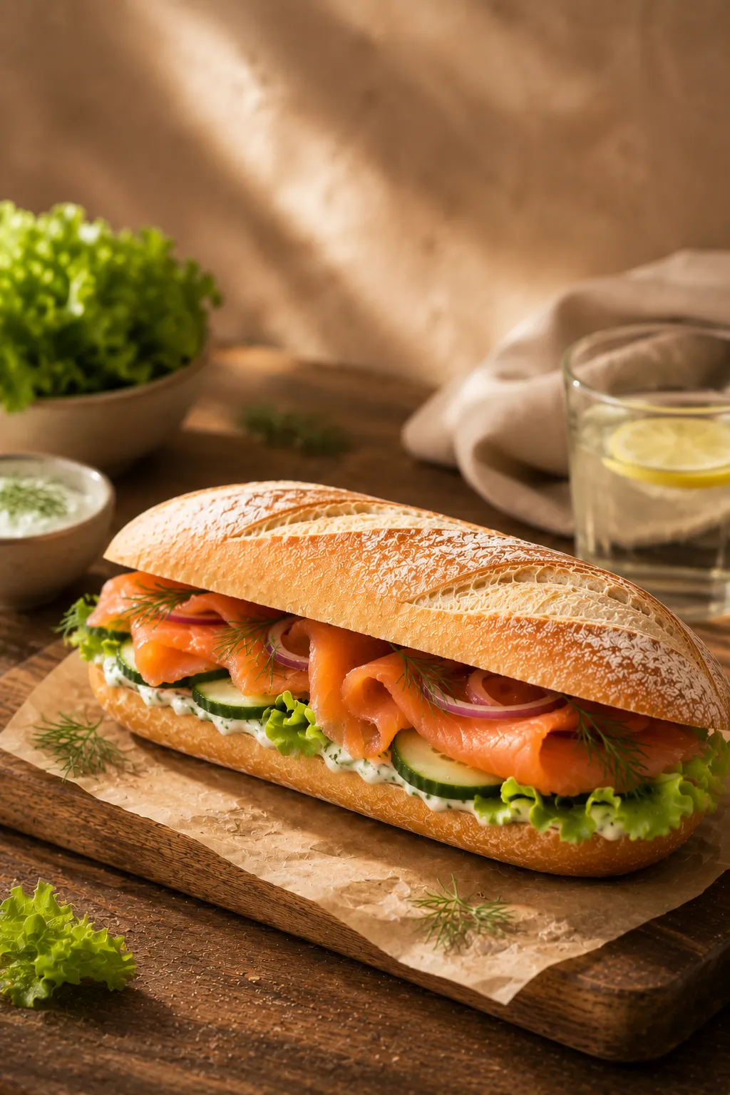 Broodje zalm deluxe met ei en ravigotesaus op stokbrood