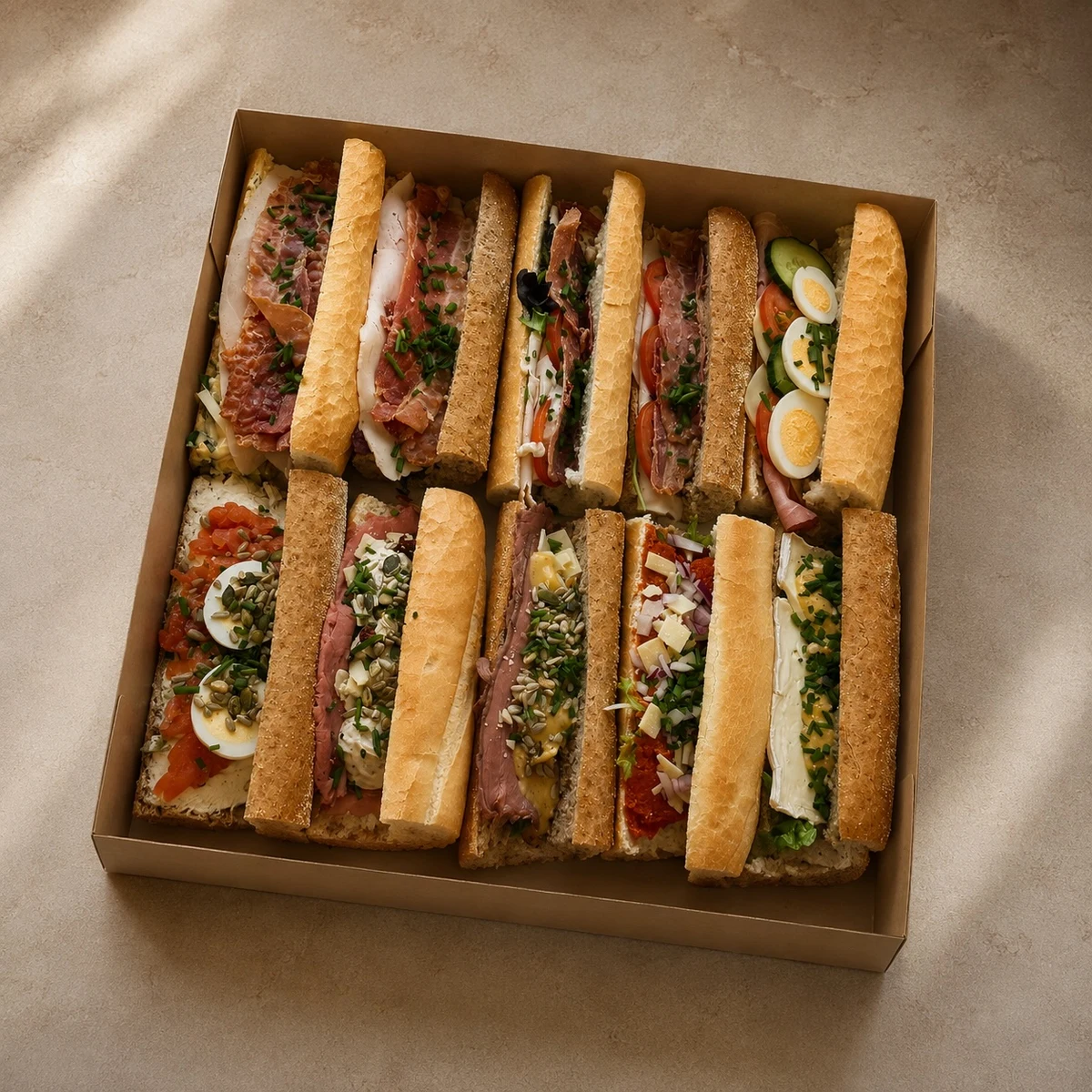 Lunch 1 van Chapeau: een rijkgevulde schaal met gevarieerd belegde halve baguettes