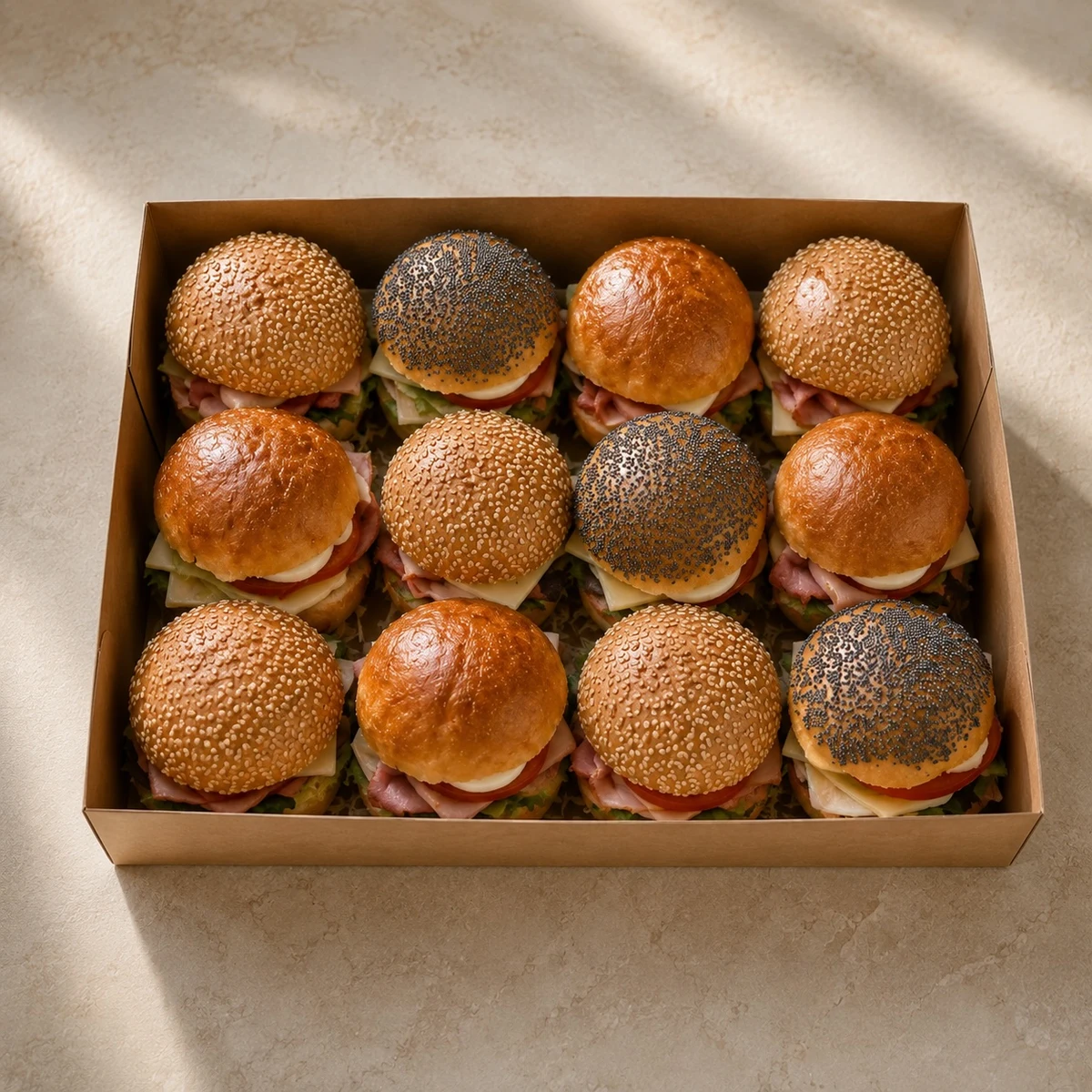 Lunch 2 van Chapeau: een box met gevarieerd belegde minibroodjes met sesam, maanzaad en zachte broodjes