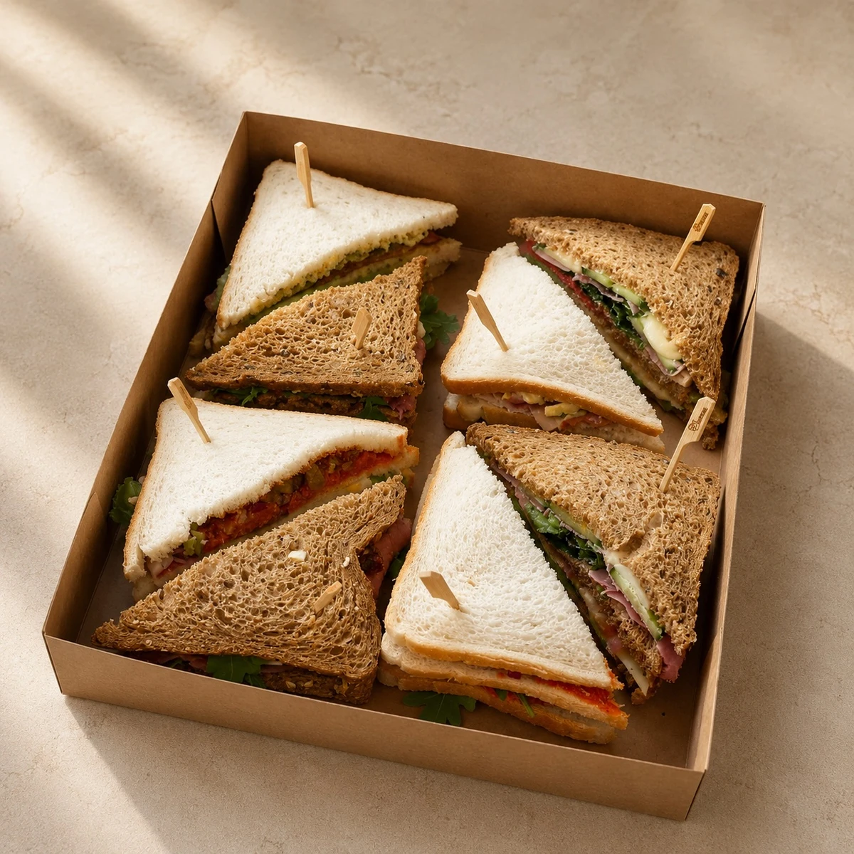 Een rijkgevulde box met Lunch 3 van Chapeau: gevarieerde sandwiches van wit en volkorenbrood